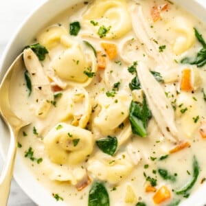 a bowl of lemon chicken tortellini soup with a spoon