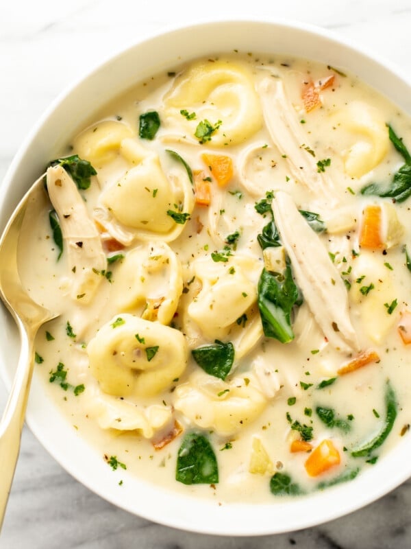 a bowl of lemon chicken tortellini soup with a spoon