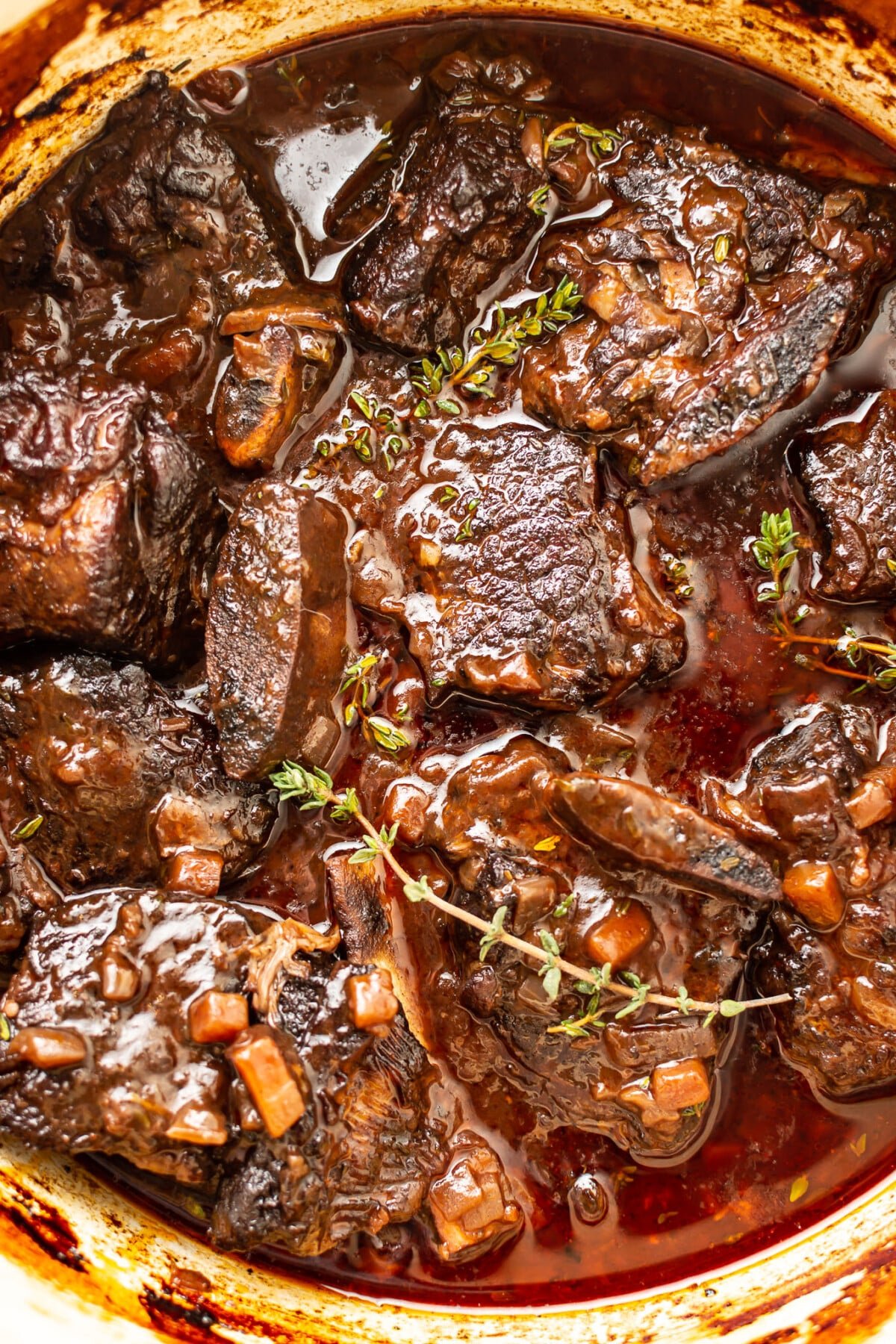 a dutch oven with red wine braised short ribs