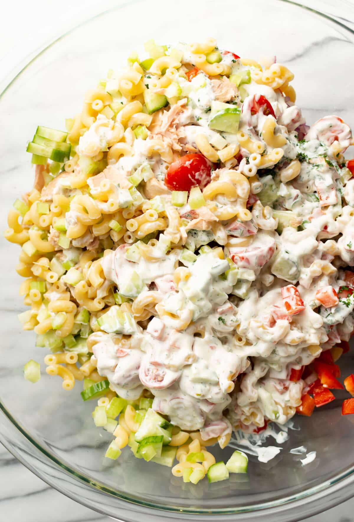 a prep bowl with creamy tuna pasta salad