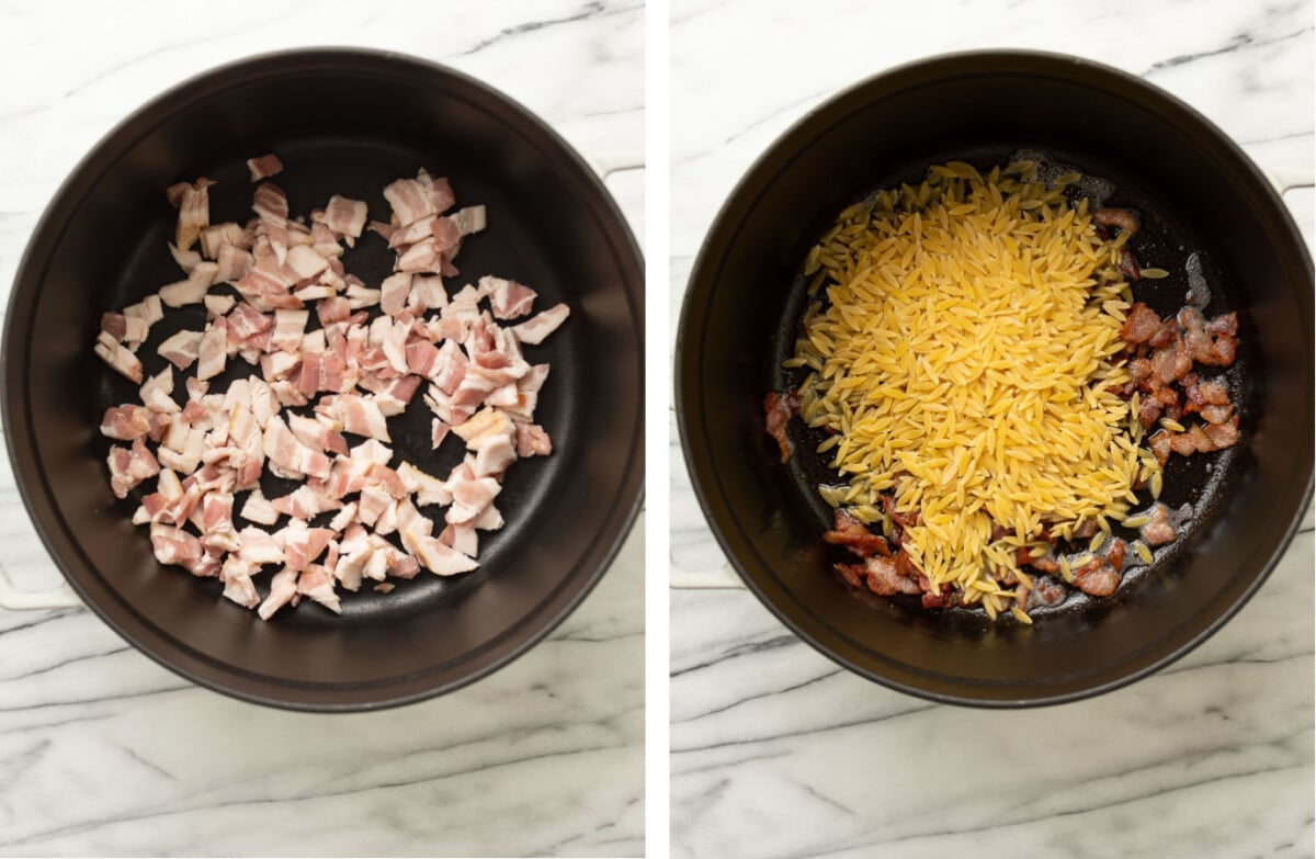 frying bacon in a soup pot and adding orzo