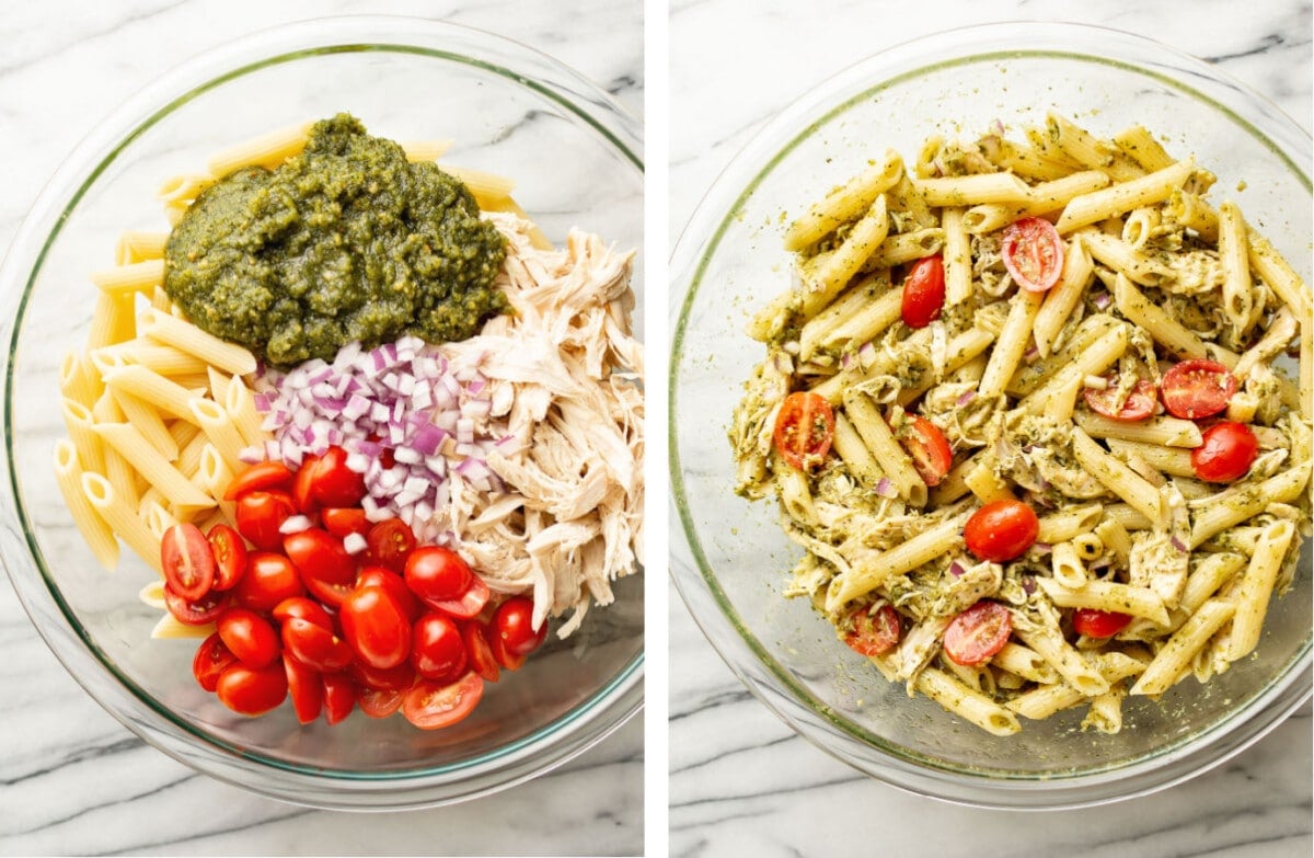 a prep bowl with chicken pesto pasta salad before and after tossing