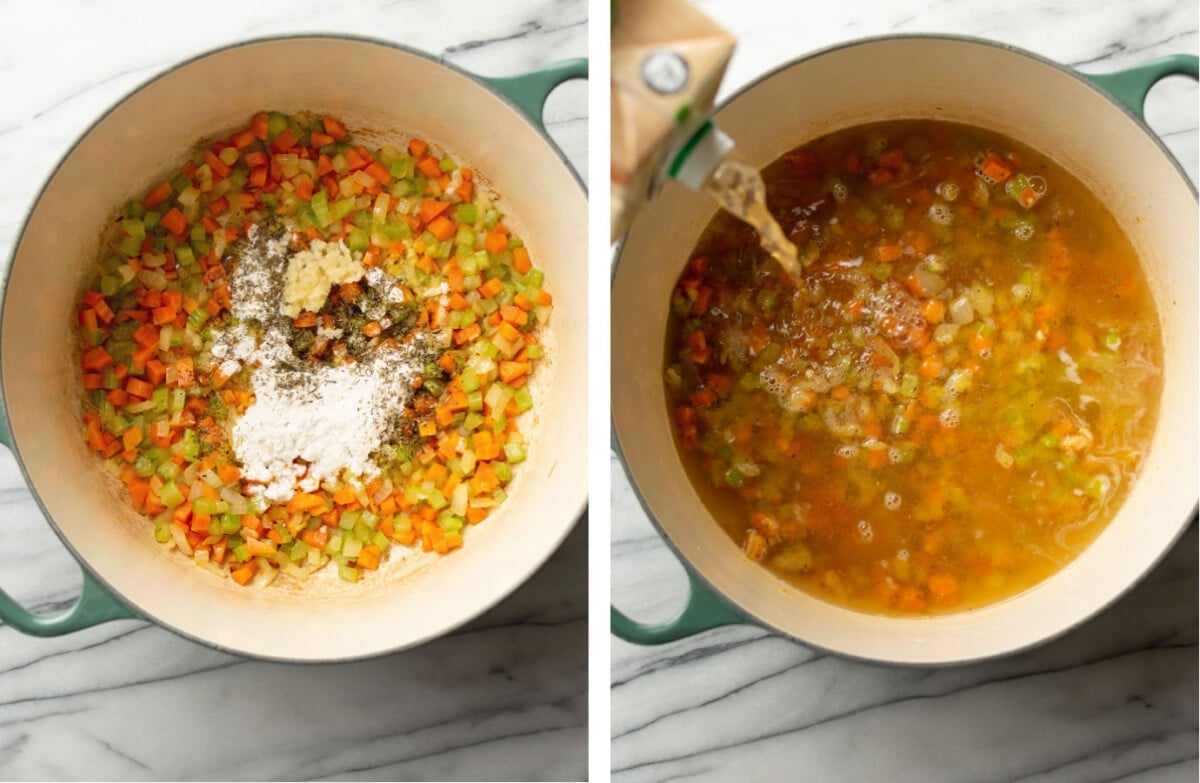 sauteing carrots, onion, and celery in a soup pot and adding chicken broth