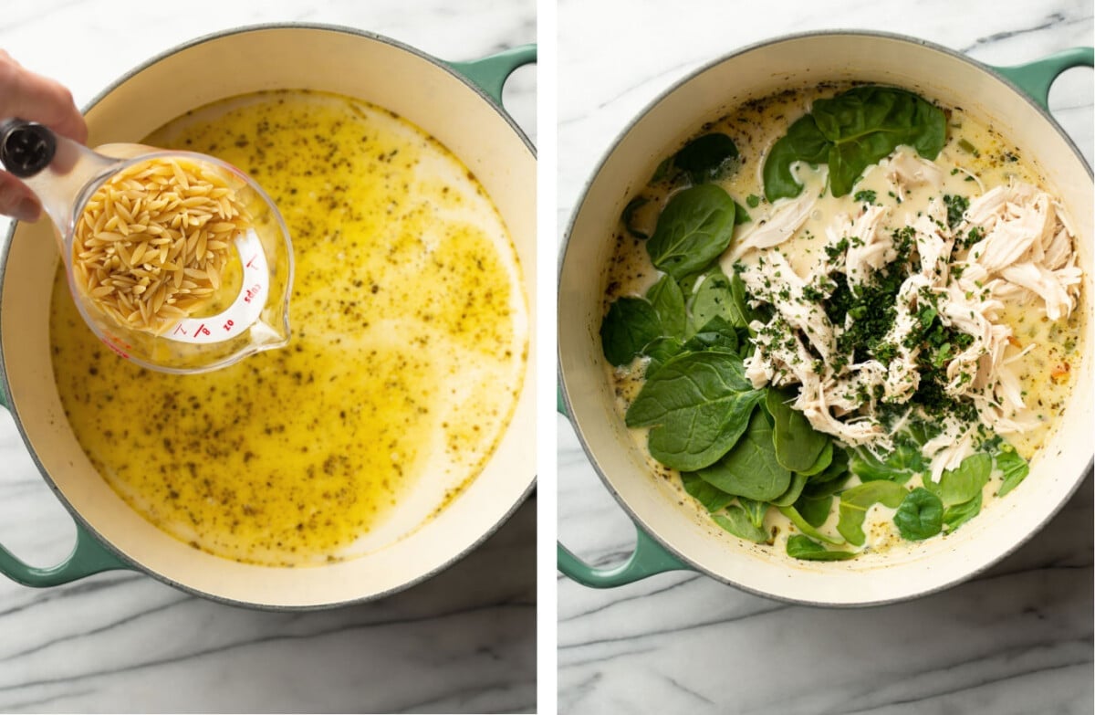 adding pasta, chicken, and spinach to a pot with creamy lemon chicken orzo soup