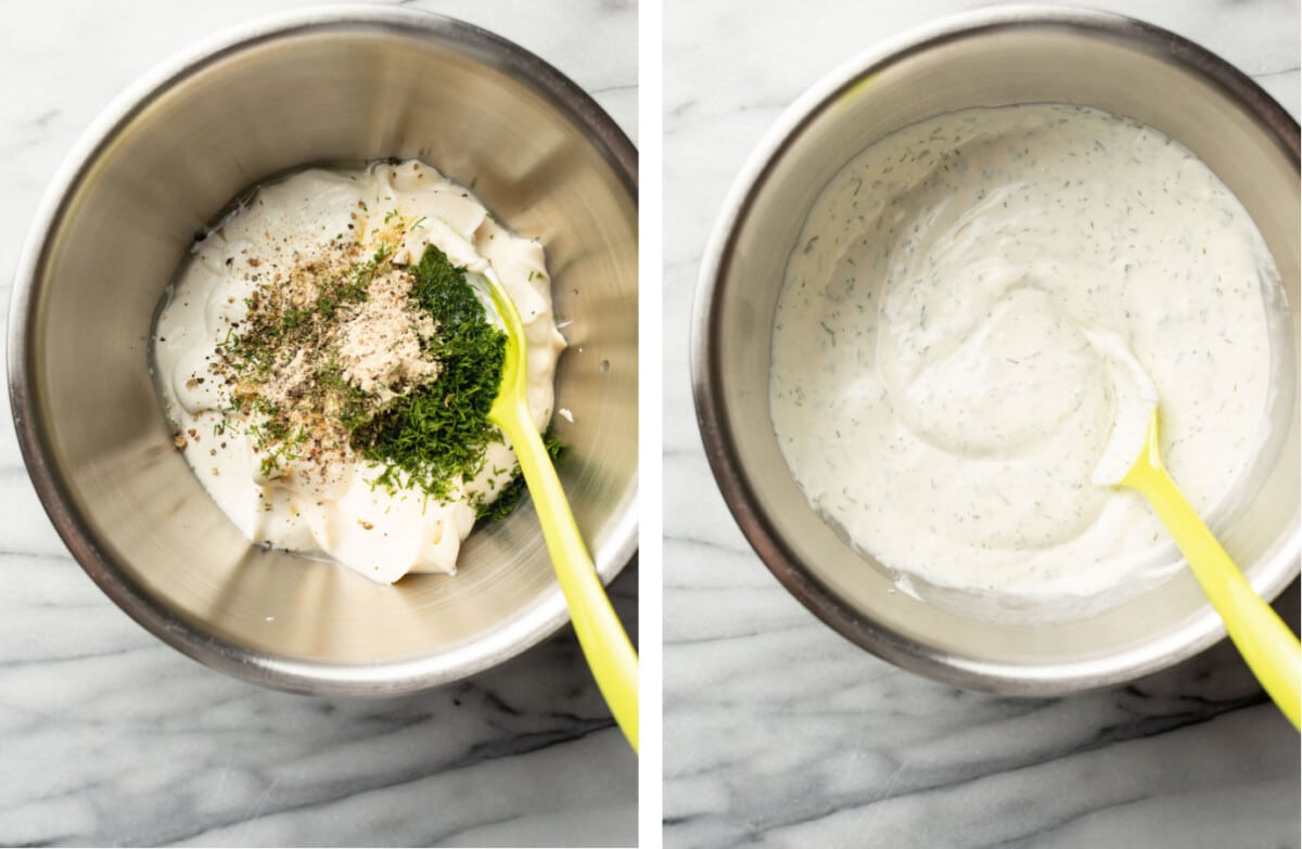 mixing creamy dressing in a prep bowl for tuna pasta salad