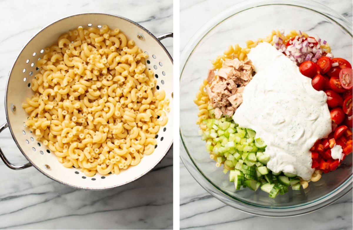 draining macaroni in a colander and adding to a bowl and tossing with dressing to make creamy tuna pasta salad