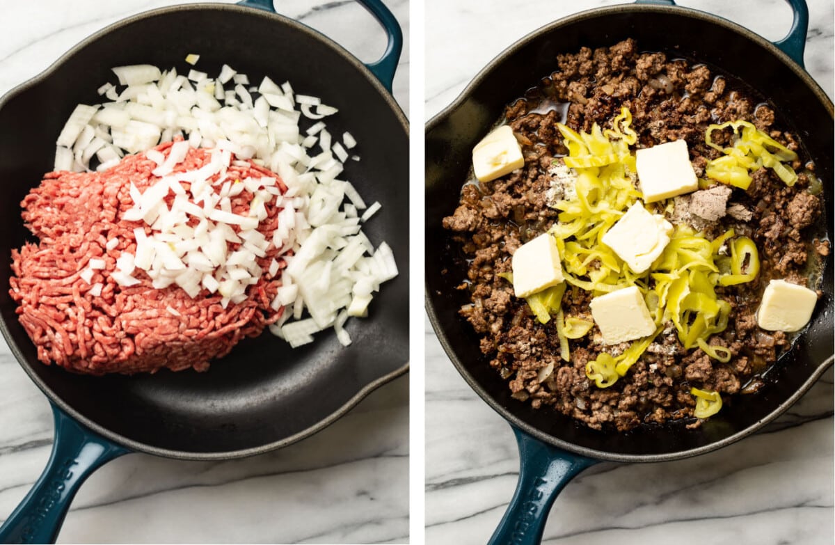 sauteing onions and ground beef in a skillet and adding mississippi seasonings and butter