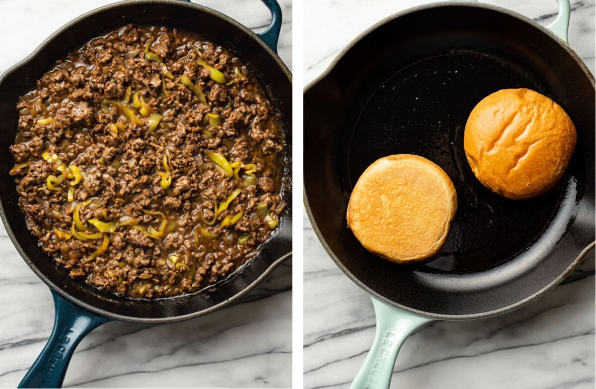 mississippi ground beef in a skillet and toasting brioche buns to make sandwiches
