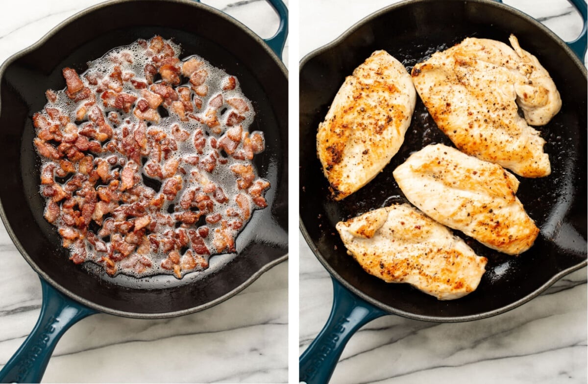 frying bacon in a skillet then cooking chicken in the bacon fat