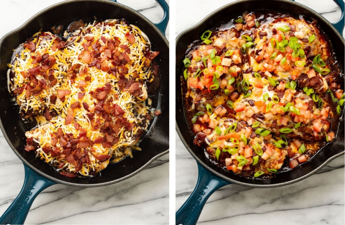 monterey chicken in a skillet before and after topping with fresh tomatoes and scallions