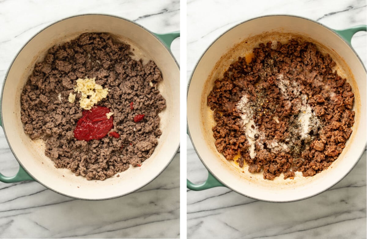 cooking ground beef in a soup pot and adding garlic and seasonings