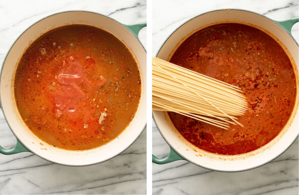 adding in broth and tomatoes and spaghetti to a soup pot for one pot pasta