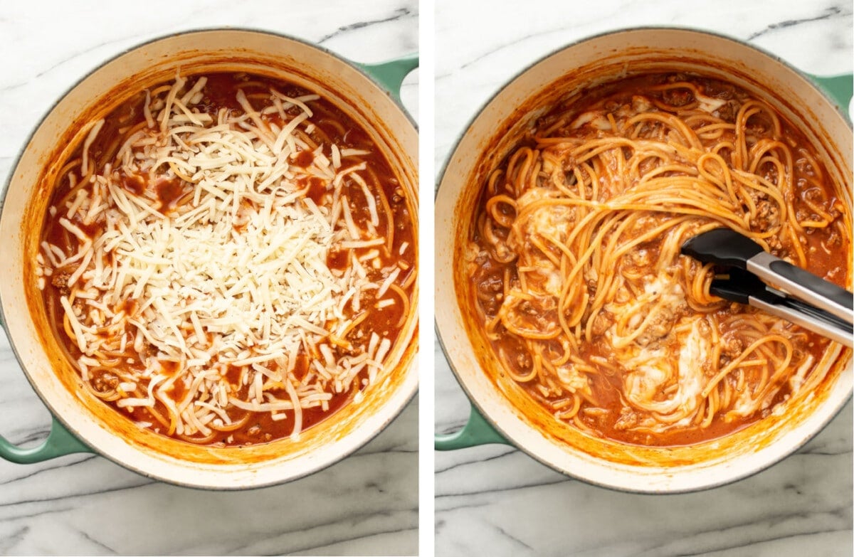 adding in mozzarella to one pot spaghetti and stirring with tongs