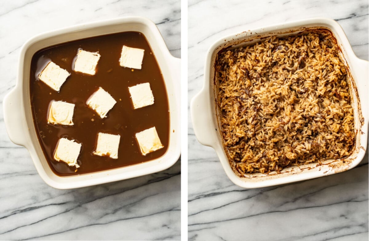 stick of butter rice in a baking dish before and after baking