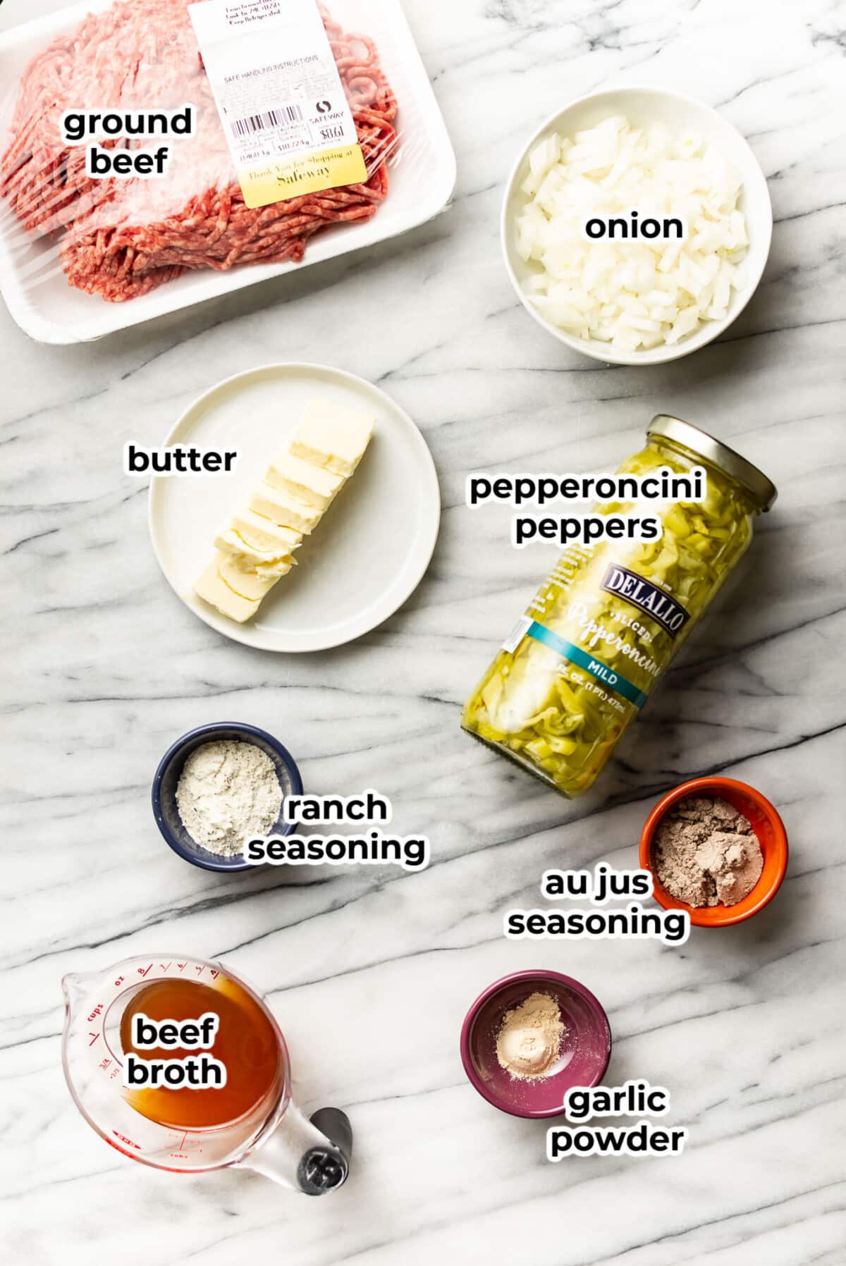 ingredients for mississippi sloppy joes in prep bowls