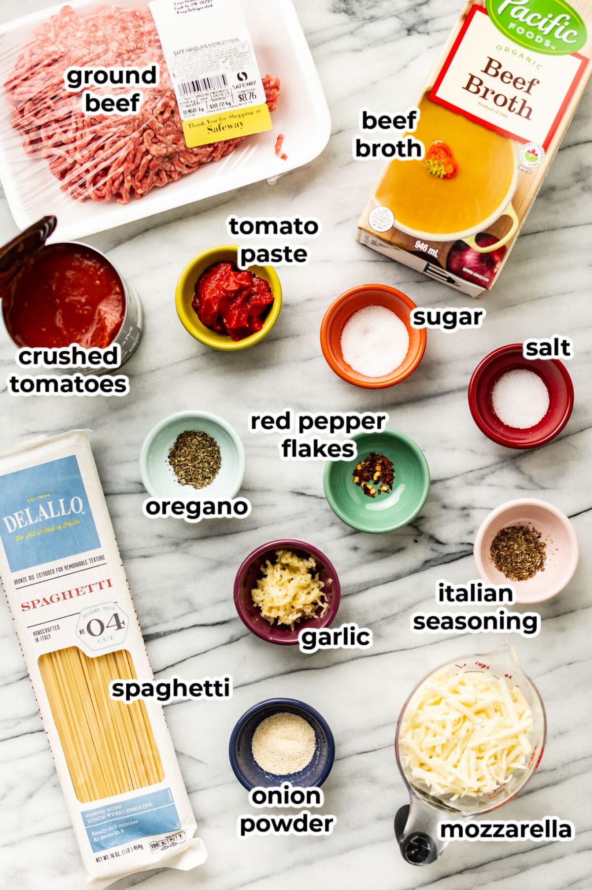 ingredients for one pot spaghetti in prep bowls