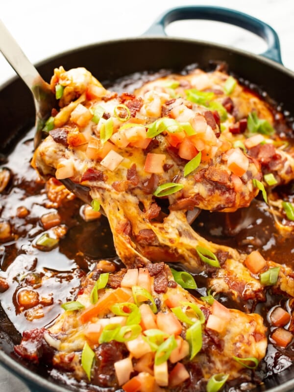 a skillet with monterey chicken and a serving spatula