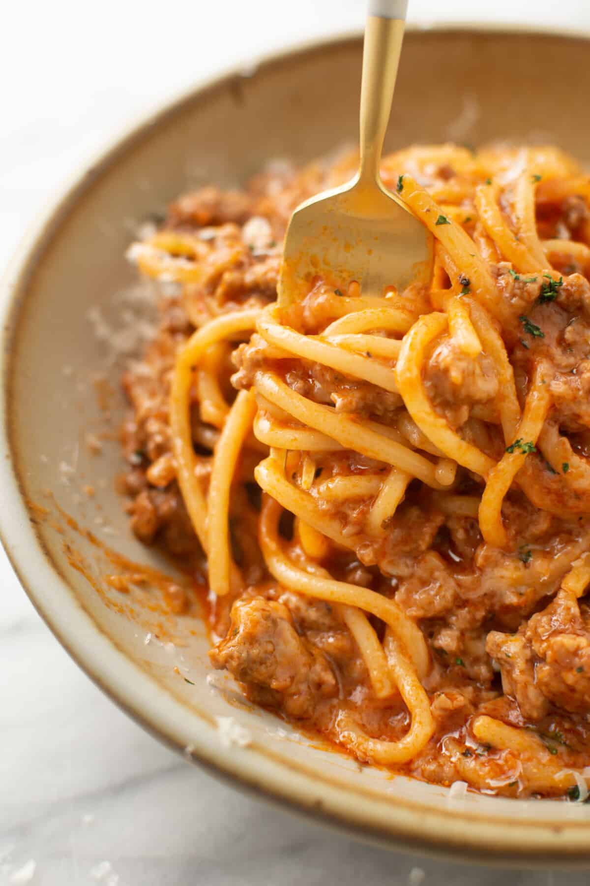 a bowl of one pot spaghetti with a fork