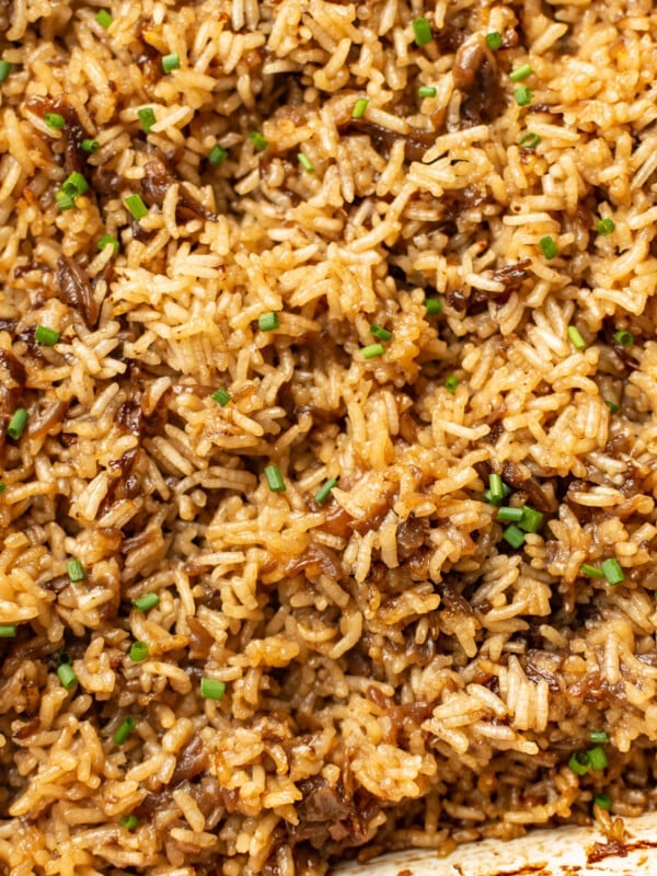 closeup of a casserole dish with butter rice