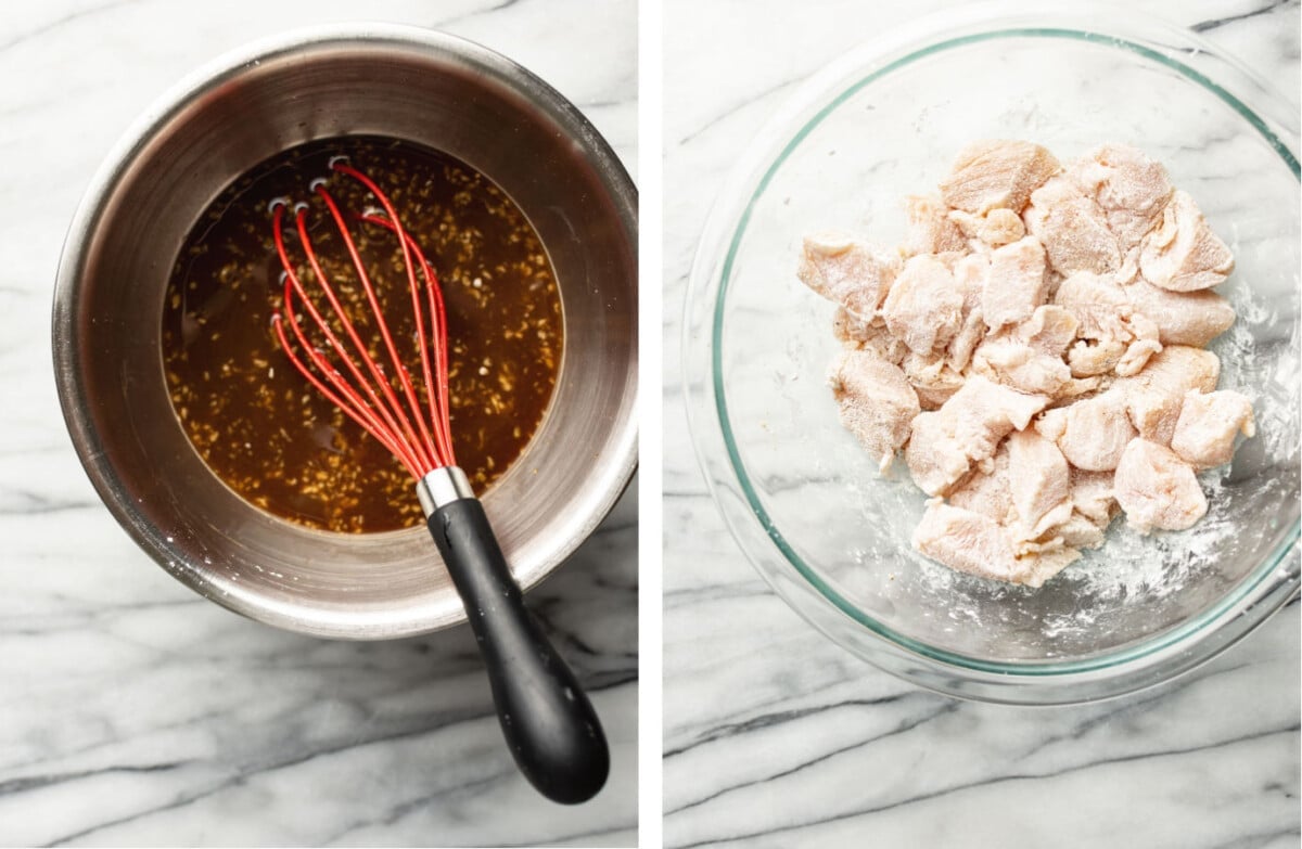 whisking homemade teriyaki sauce in a bowl and tossing chicken with cornstarch