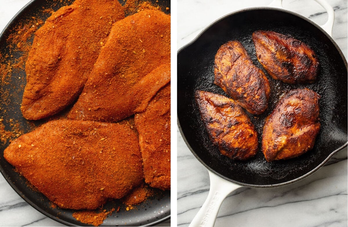 seasoning blacked chicken and cooking it in a cast iron skillet