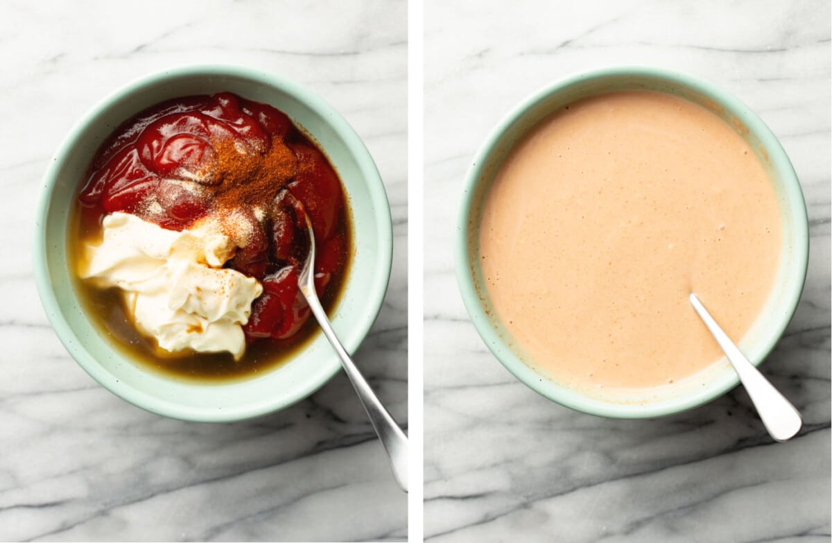 mixing homemade fry sauce in a bowl