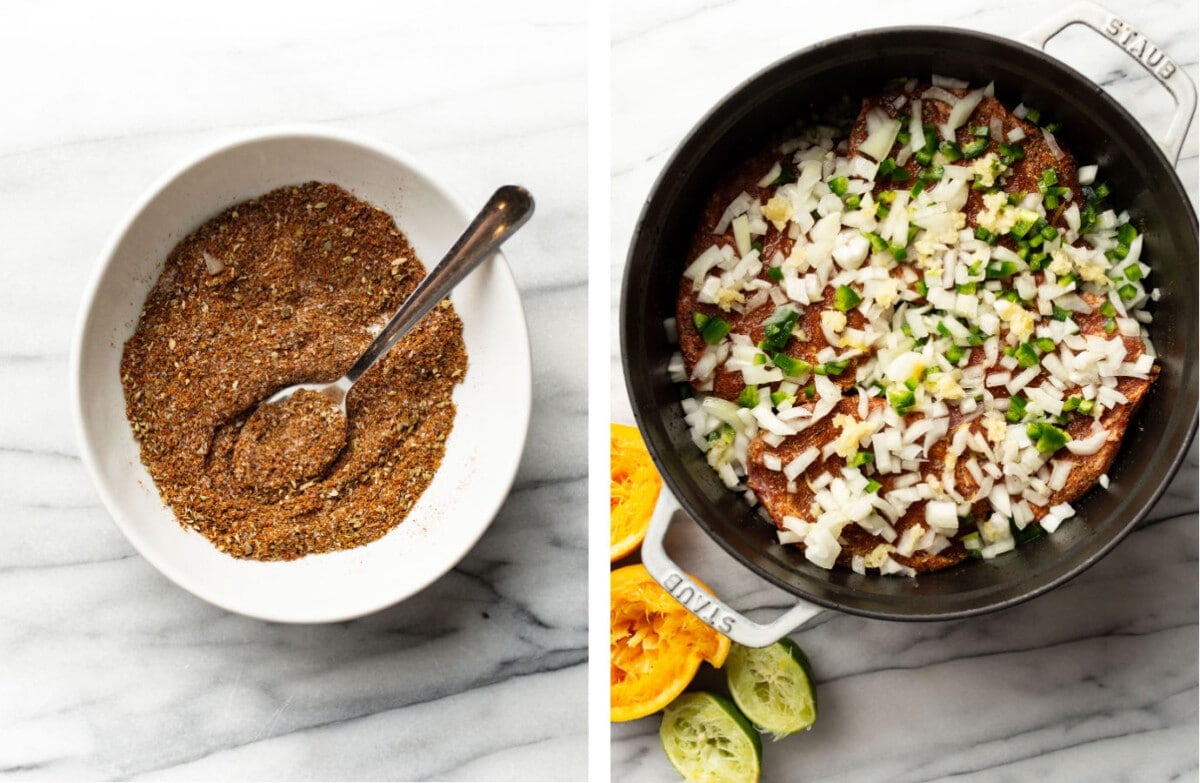 mixing carnitas seasoning in a bowl and adding pork and other ingredients to a dutch oven