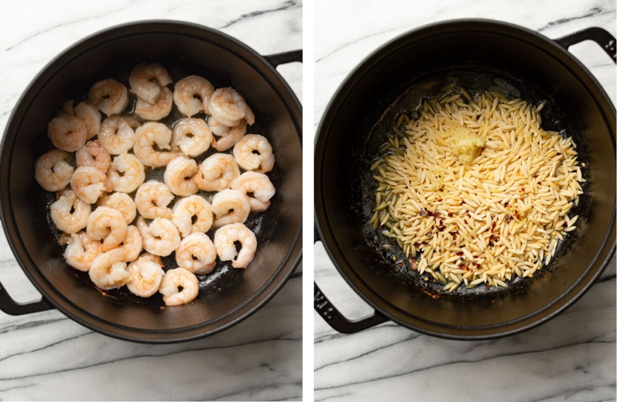 pan frying shrimp in a pot and then toasting orzo