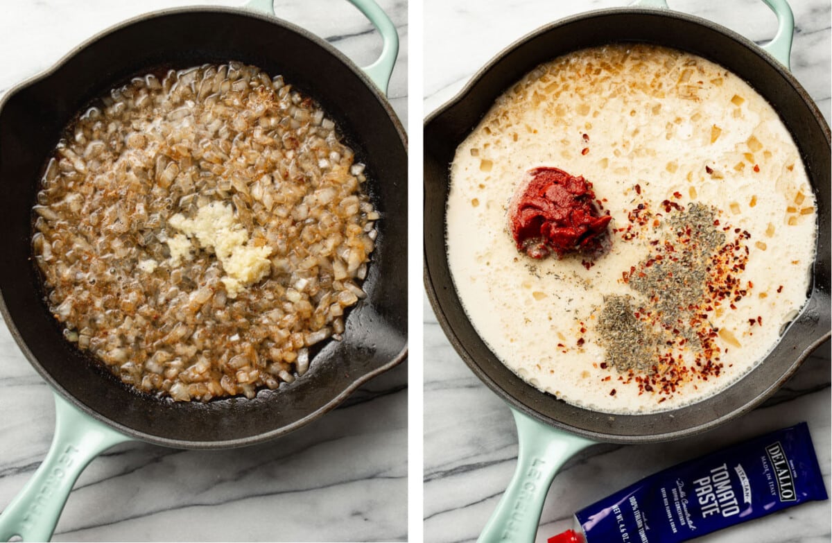 making spicy tomato sauce in a skillet