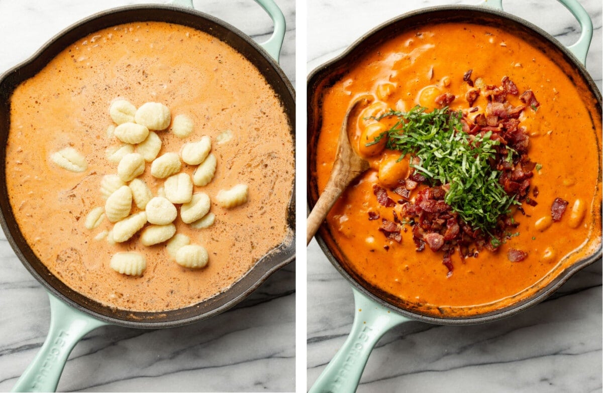 stirring in gnocchi into a skillet with spicy tomato sauce and adding basil