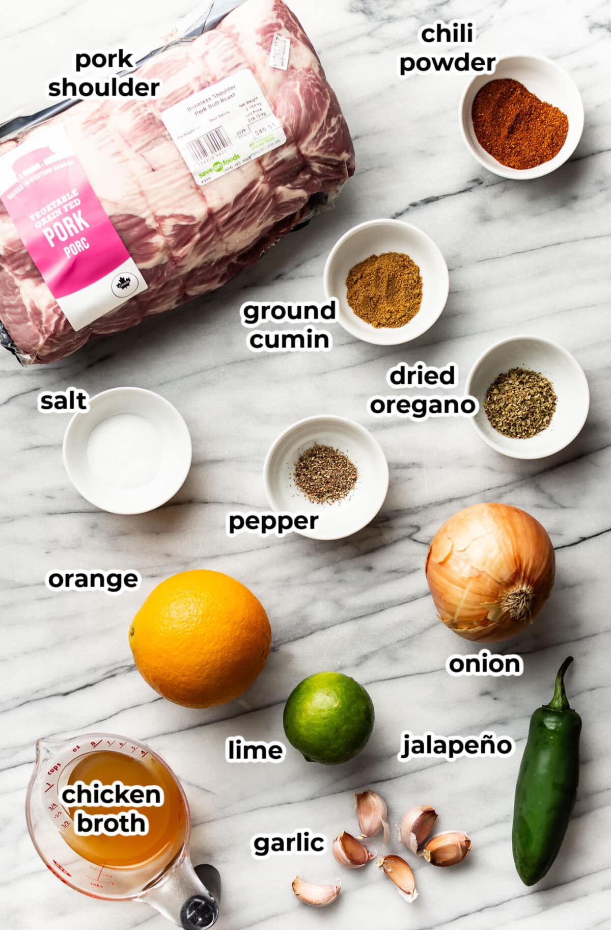 ingredients for carnitas in prep bowls