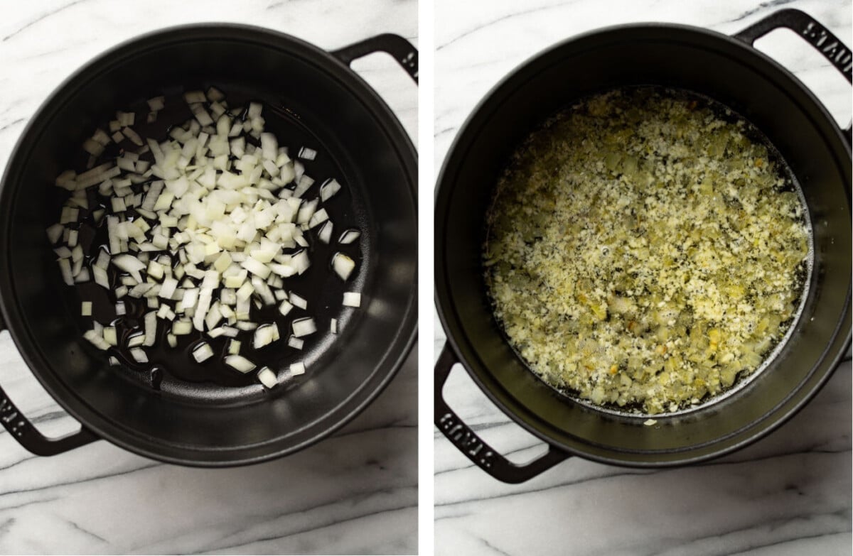 sauteing onions in a dutch oven and then reducing white wine