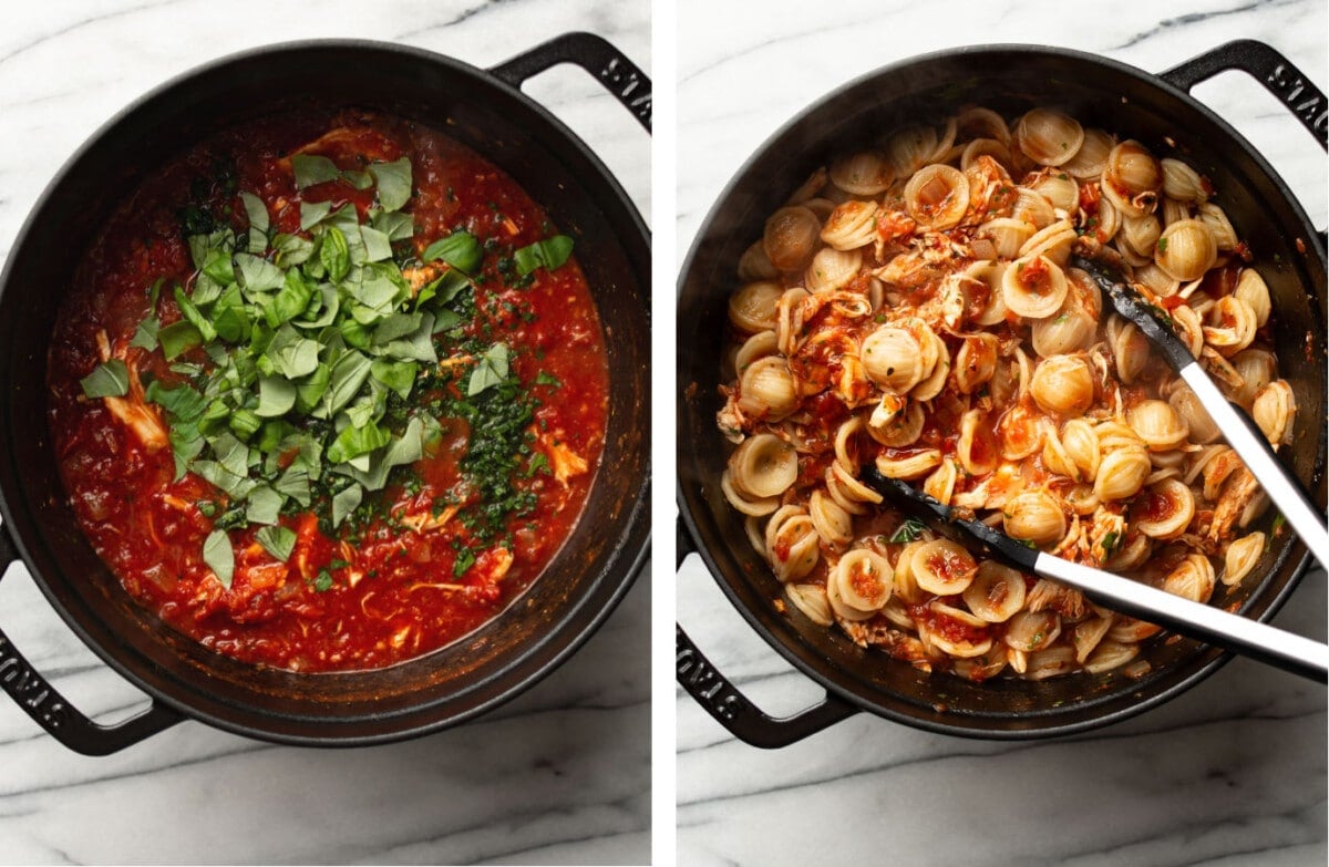 tossing pasta with fra diavolo sauce in a large pot