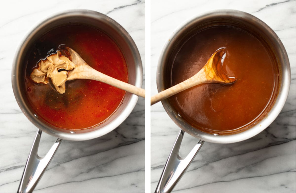 adding in peanut butter to a saucepan with peanut sauce