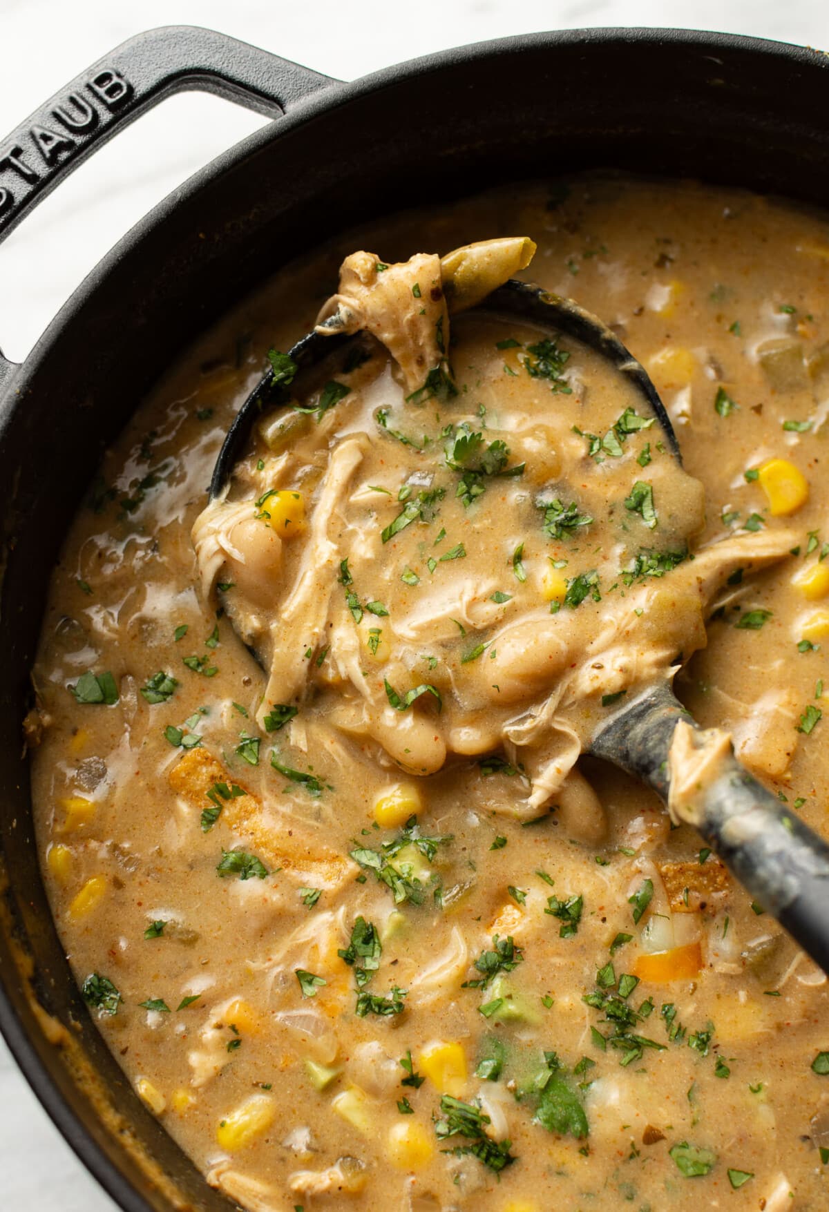 a pot of creamy green chicken enchilada soup with a ladle