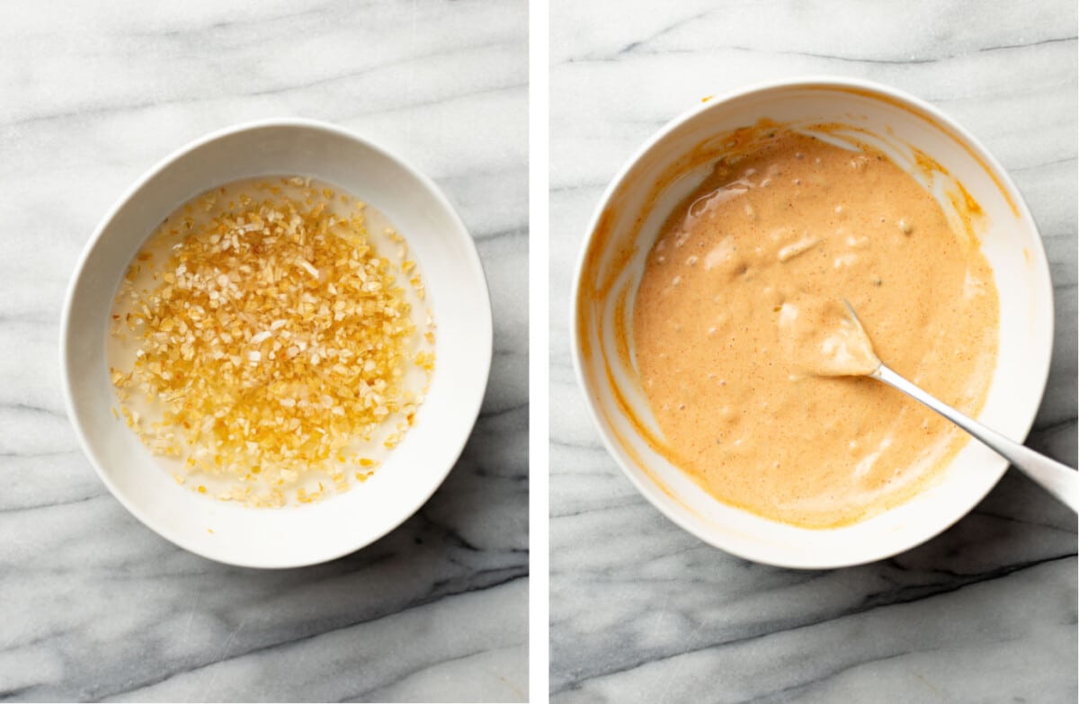 rehydrating onions in a bowl and making homemade big mac sauce