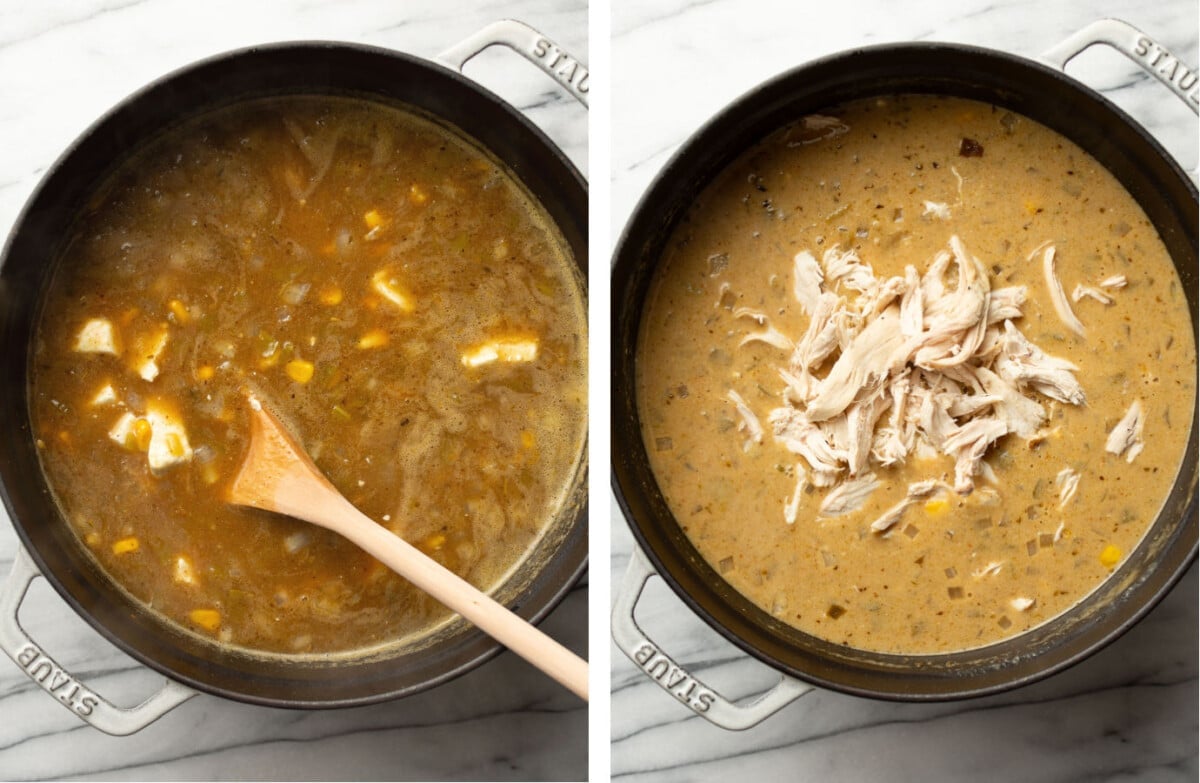 stirring cream cheese into a pot of green enchilada soup and adding in chicken