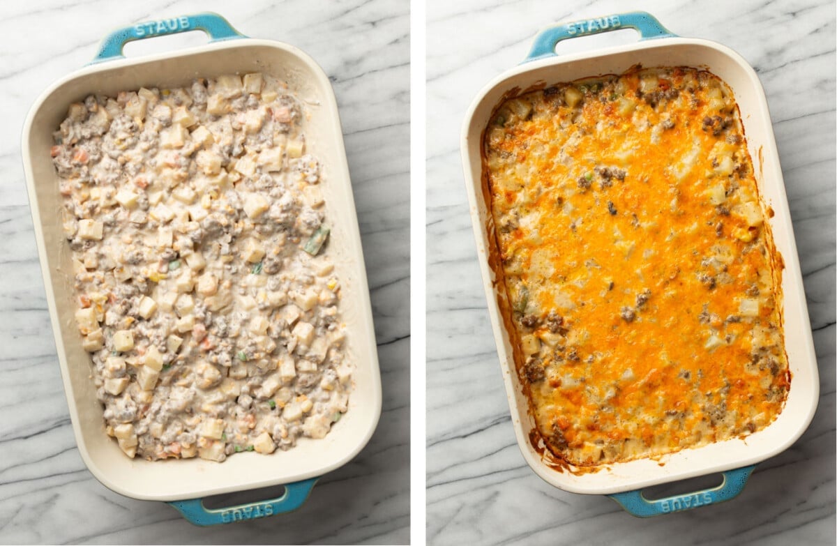 ground beef and potatoes casserole before and after baking