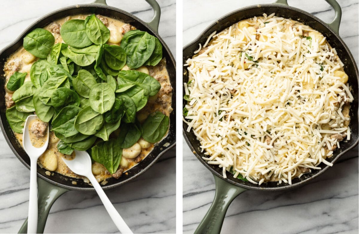 stirring in gnocchi and spinach to a skillet with italian sausage and topping with mozzarella