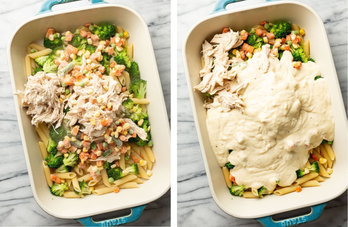 adding chicken and sauce to a baking dish to make a casserole