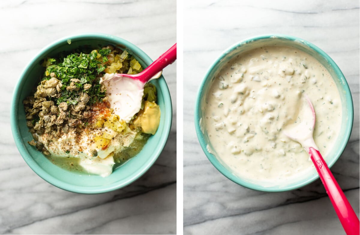 mixing together ingredients for tartar sauce in a prep bowl