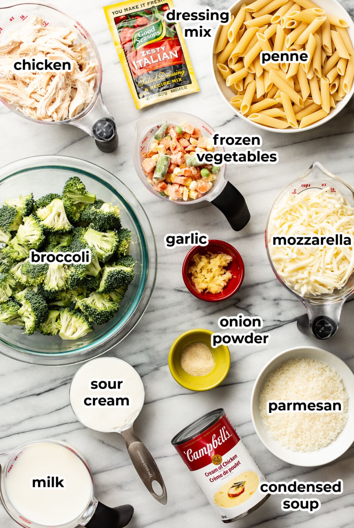 ingredients for chicken penne casserole in prep bowls