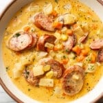 a bowl of creamy kielbasa and potato soup