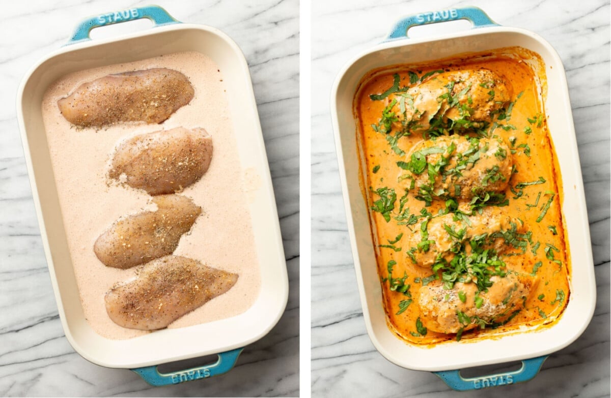 tomato basil chicken before and after baking