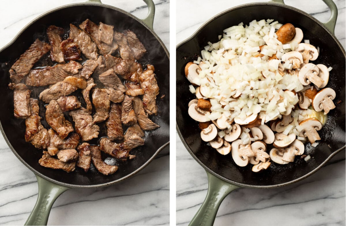 pan searing ribeye in a skillet and sauteing mushrooms