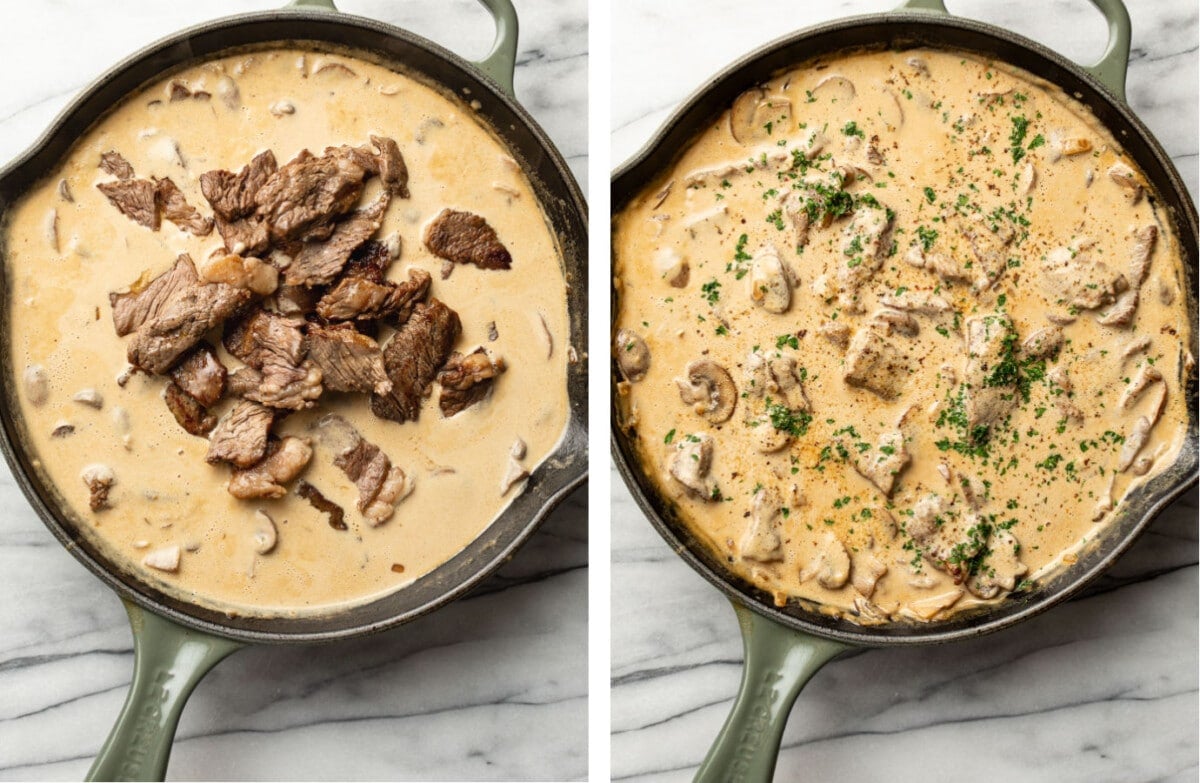 simmering beef in a skillet with stroganoff sauce and topping with parsley
