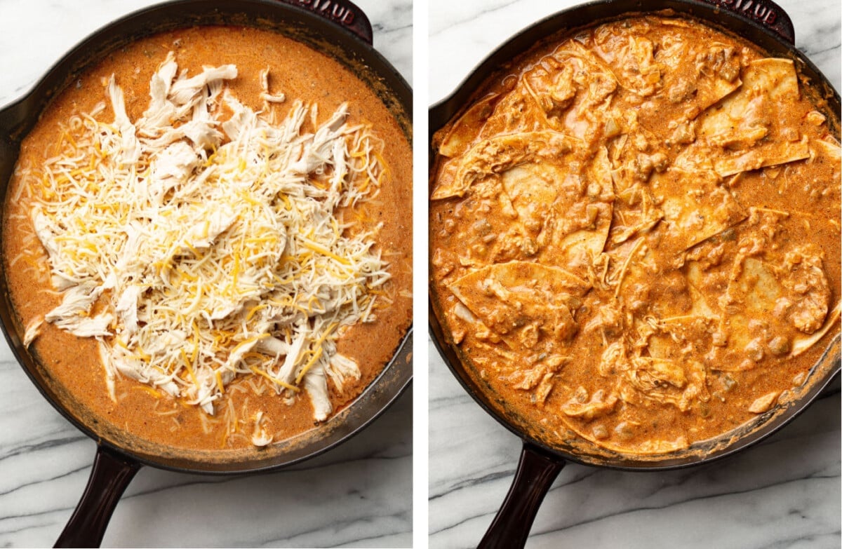 adding chicken, cheese, and tortillas to a skillet