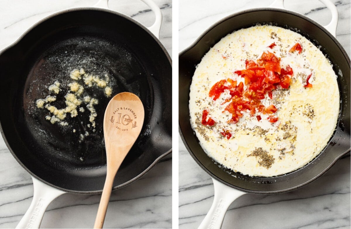 sauteing garlic in a skillet and making creamy sauce for crab pasta