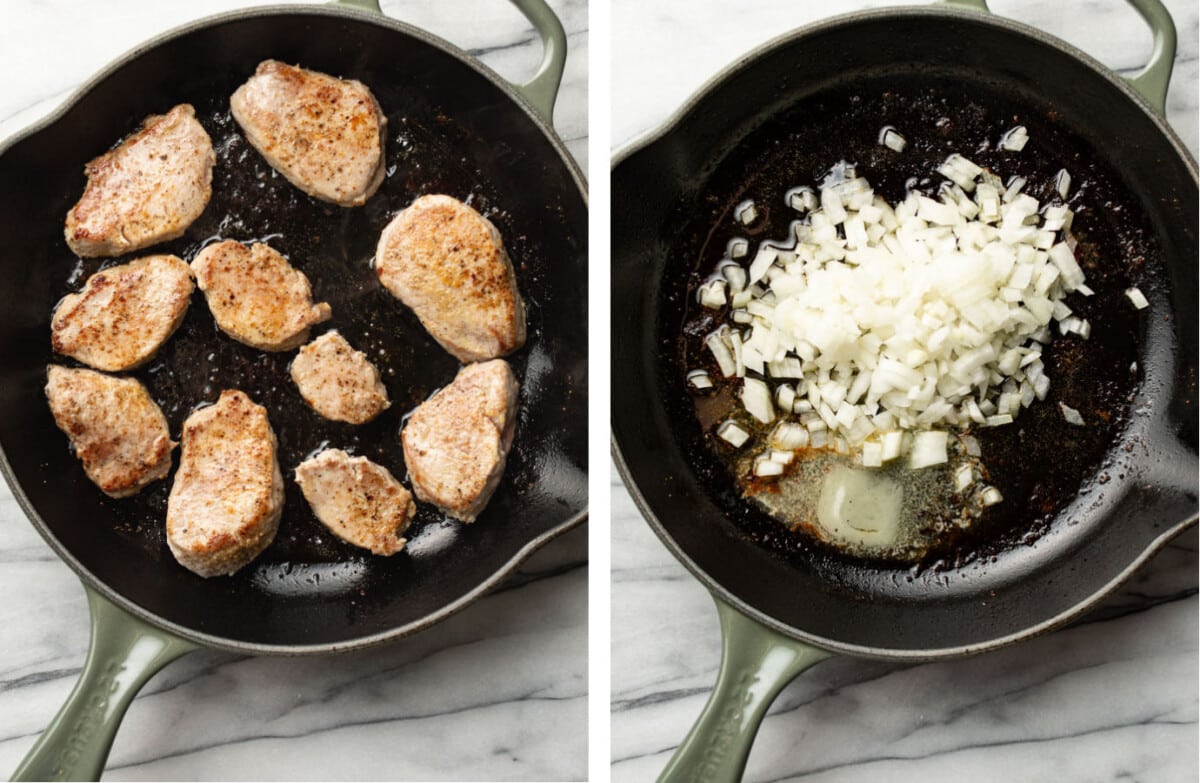 searing pork tenderloin medallions in a skillet and sauteing onions