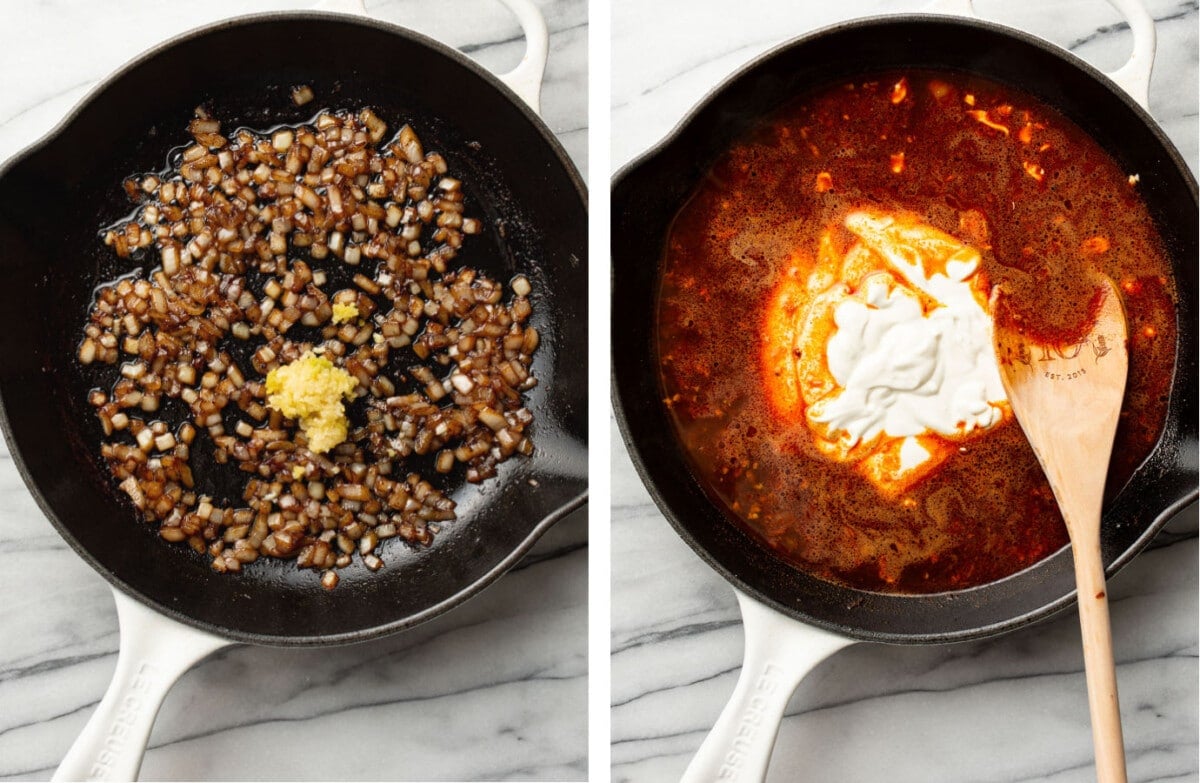 sauteing onions and garlic in a skillet and making creamy paprika sauce